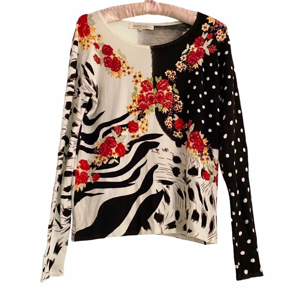 Angelica L. Animal Print Sweater Beaded Red Roses